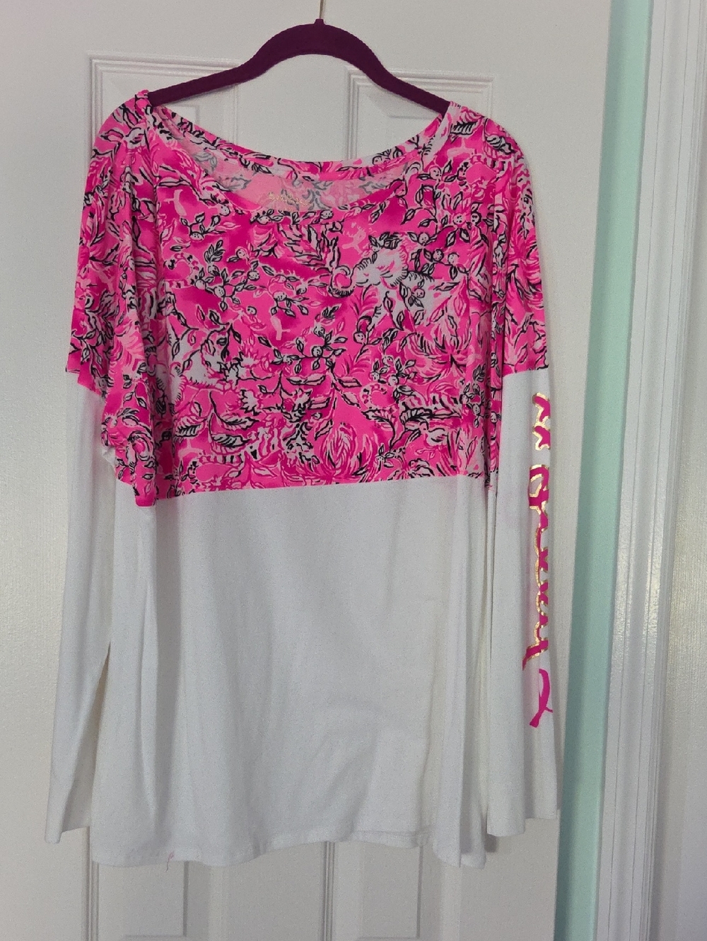 Lilly Pulitzer Pink Floral Yoke Long Sleeve Top - White Breast Cancer Shirt
